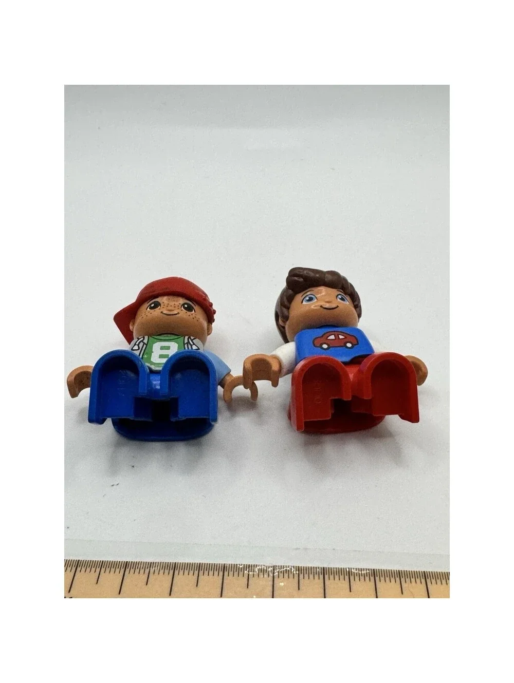LEGO Duplo Boy Figures Lot of 2 Red Baseball Cap Car Shirt Number 8 Jersey